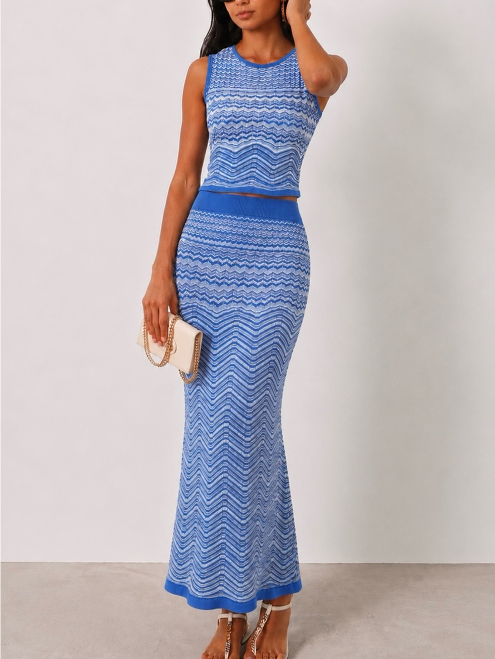 Commense Blue Chevron Knit Maxi Skirt Set